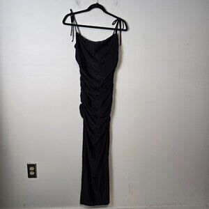 Good American Size M Satin Ruched Tie-Strap Maxi Dress Black Side Slit Lined